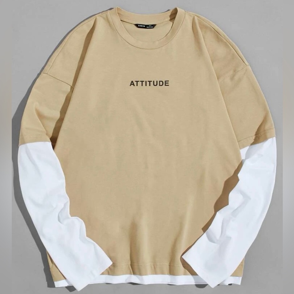 L tan long sleeve shirt